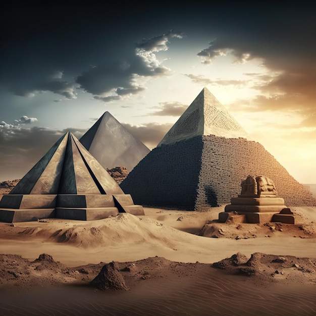 Mysterieuze piramides van het mystieke landschap van de oude beschaving van Egypte met zand 3d illustratie
