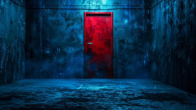 Mysterieuze rode deur in een donkere grungy kamer
