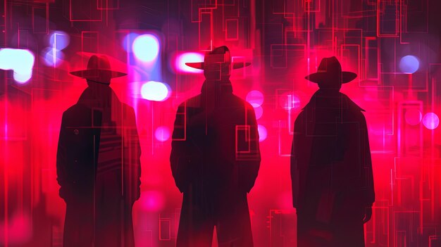 Foto mysterieuze silhouetten in een neon cyberpunk stadsbeeld