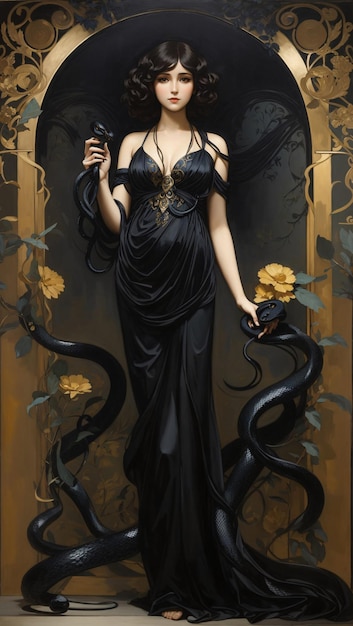 Mysterieuze vrouw die een olieverfschilderij van een zwarte slang hanteert