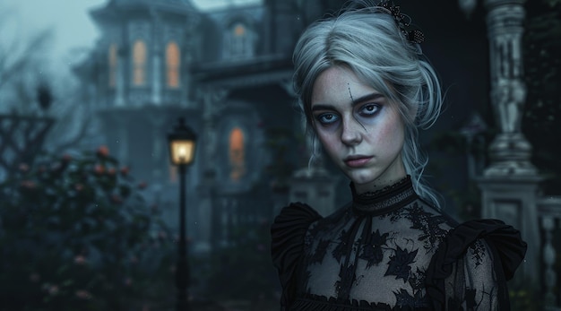 Mysterieuze vrouw in gotische kleding die's nachts voor een griezelig herenhuis staat.