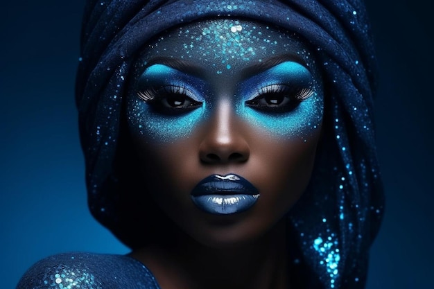 Mysterieuze vrouw met dramatische blauwe make-up en glitter