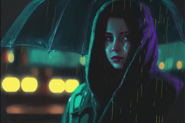 Mysterieuze vrouw met paraplu op regenachtige nacht digitale kunststijl illustratie schilderij fantasie concept van een mysterieuze vrouw met paraplu