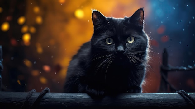 Mysterieuze zwarte kat met gloeiende ogen op een donkere filmische Halloween-achtergrond AI gegenereerd