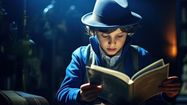 Mysterious 1930s Atmosphere Boy in Blue Jacket Reading