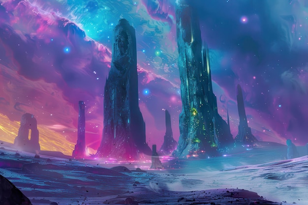 Mysterious Alien Landscape with Towering Rock Formations