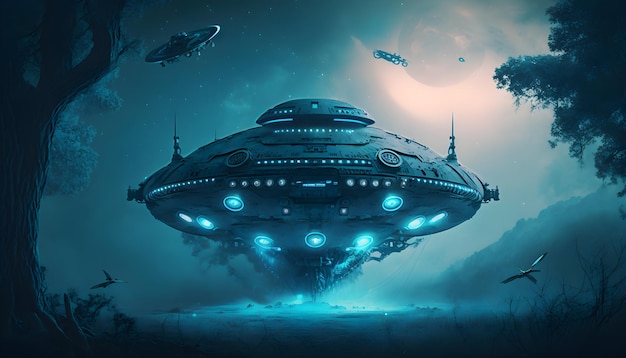 A mysterious alien spaceship in blue tones generative ai