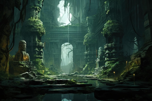 Mysterious Ancient Ruins in Dense Jungle Generative AI