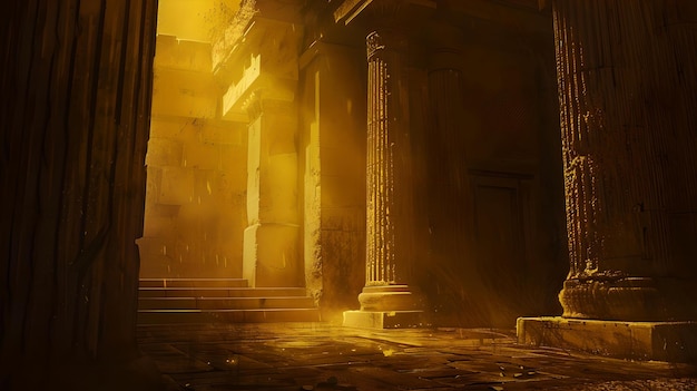 신비로운 고대 사원 내부는 황금빛으로 여 있으며, 매혹적인 역사적인 건축물은 판타지 설정에 완벽합니다.