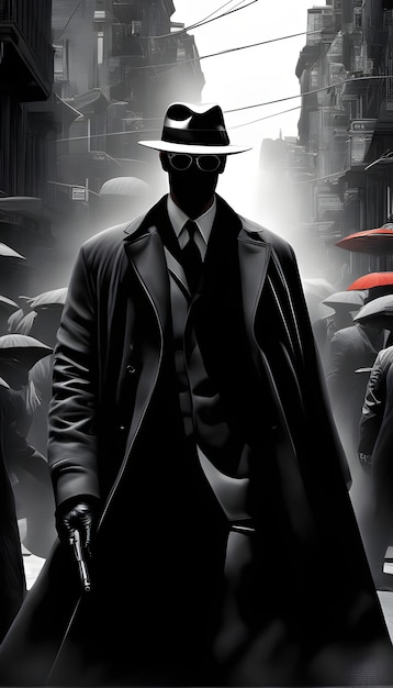 Фото Таинственный убийца-шпион гуляет по городу в темном trenchcoat и черной шляпе иллюстрация