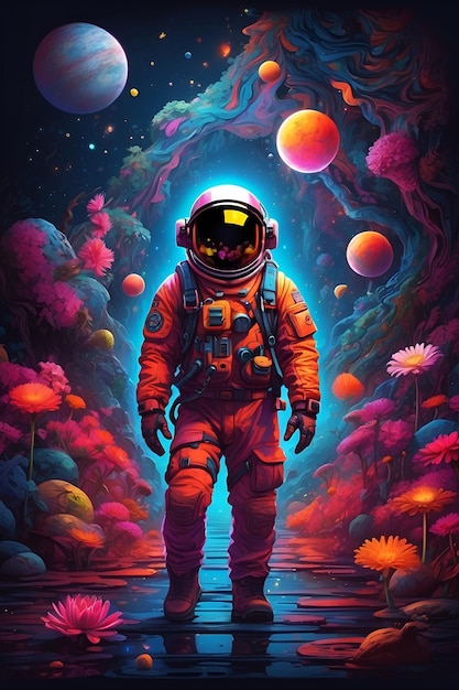 Photo mysterious astronaut with cosmic and flower scenes