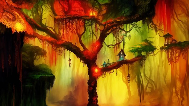 mysterious atmosphere Enchanted rainforest of haunted cottage paradise HD watercolor paint on paper