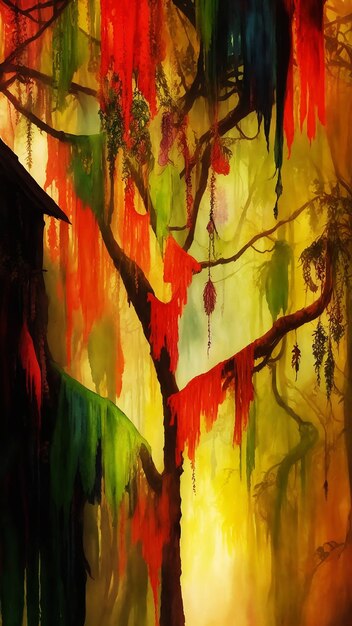 mysterious atmosphere Enchanted rainforest of haunted cottage paradise HD watercolor paint on paper