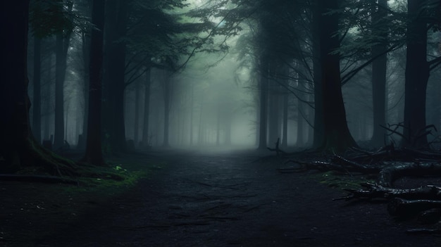 Mysterious And Atmospheric Dark Forest In The Fog