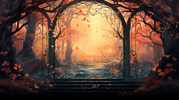 mysterious autumn landscape through a portal
