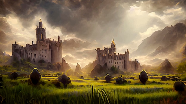 Mysterious and awesome knight go to Kamelot castle landscape celtic fantasy theme