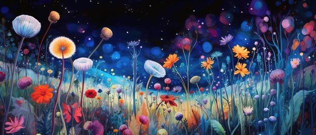 夜空に白い花の神秘的な背景 水彩イラスト