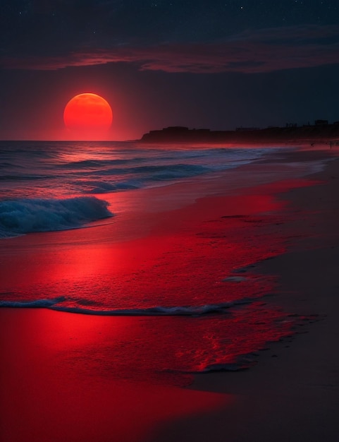 A mysterious beach at night illuminated by a red moon generative ai