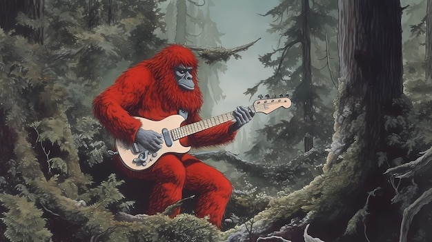 Photo mysterious bigfoot enjoys playing his guitar in the woods generative ai