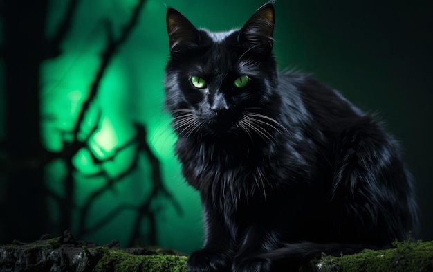 Таинственный черный кот со светящимися зелеными глазами под полной луной