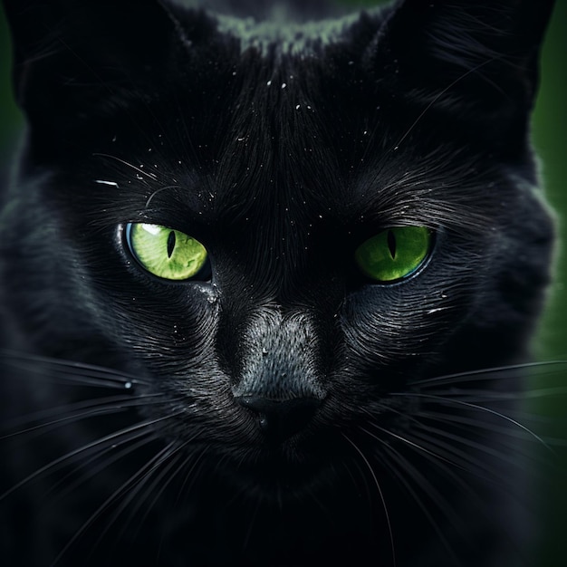 Таинственная черная кошка с пронзительными зелеными глазами