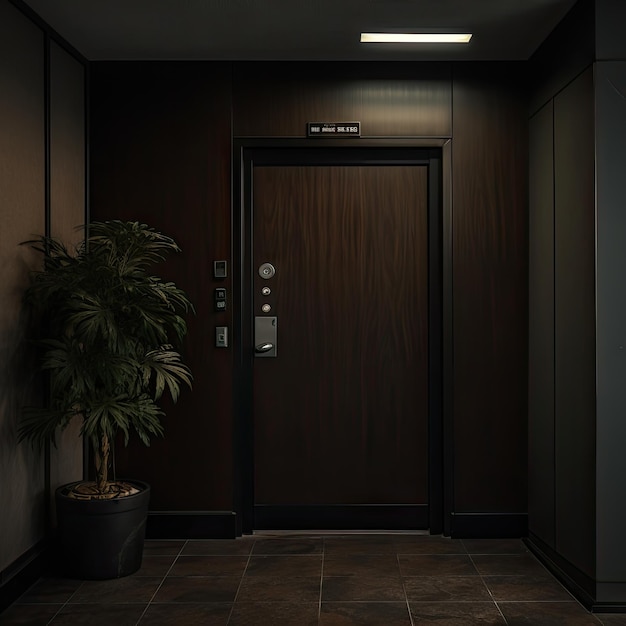 A Mysterious Black Door in a Dimly Lit Room Accentuated by a Potted Plant created using generative AI tools