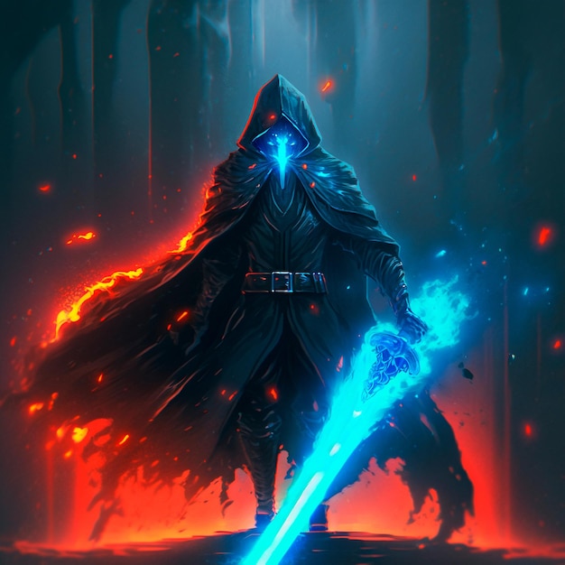 Mysterious black knight with a flaming sword in anime style