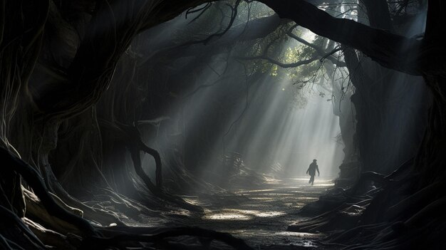曲がりくねった木々の間の暗い森の茂みの中で謎の黒いシルエット 高品質の写真