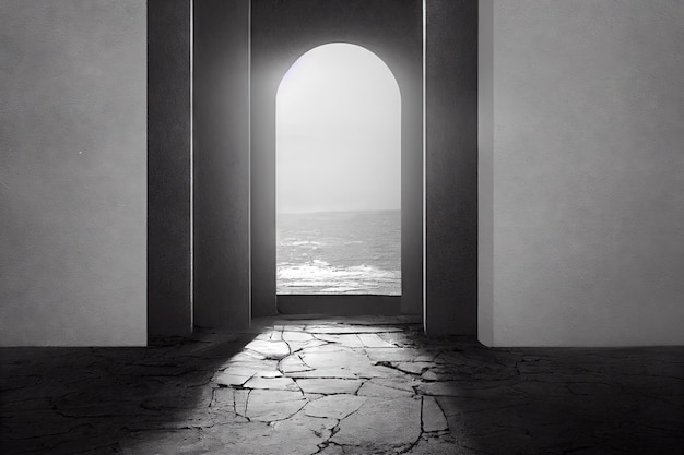 Mysterious black and white medieval door way to sea from home