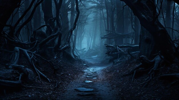 Mysterious bluetoned forest pathwayfootpath