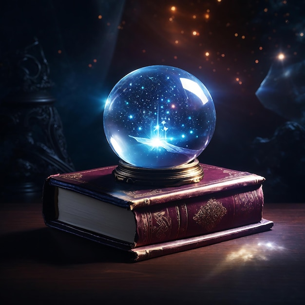 Таинственная книга со светящимся хрустальным шаром на обложке, освещенная лучом Ai Generated
