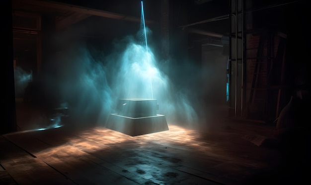 Загадочная коробка, излучающая туманный объемный свет и туман в мягкой светящейся атмосфере с световыми валами