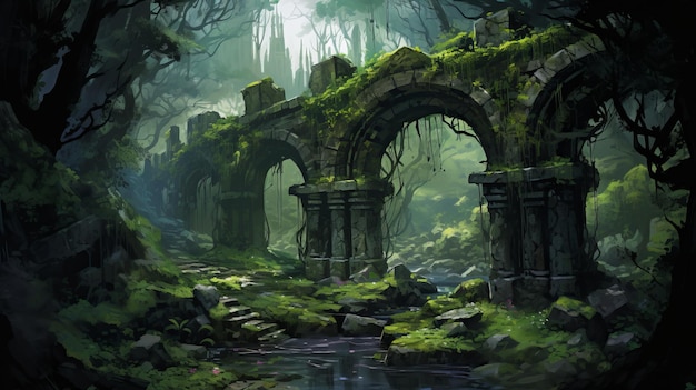 Photo mysterious bridges in the jungle a fantasy illustration of enchanted ruins