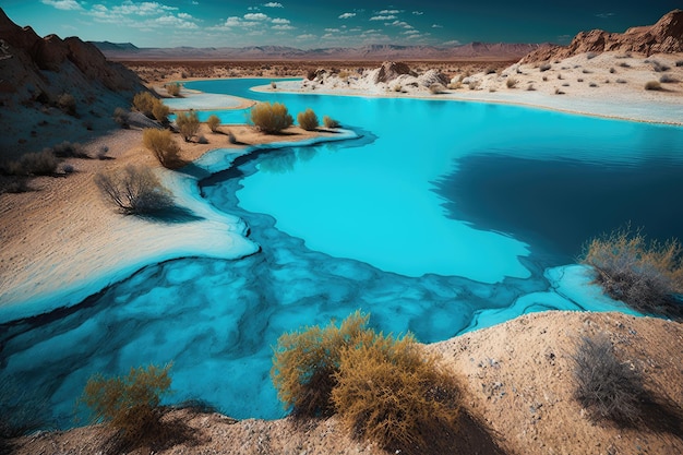 Mysterious bright blue water on shore of desert lake in the desert