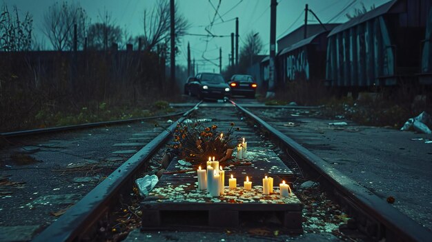 Mysterious Candlelit Tribute on Abandoned Railway Tracks