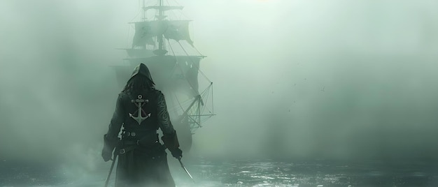 Таинственный капитан плывет по туманным морям Концепция Приключение Морское исследование Мистерия Капитан Морская тема