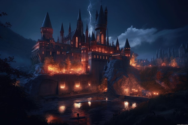 Mysterious castle at rainy night A medieval castle set in fantasy landscapes Generative AI