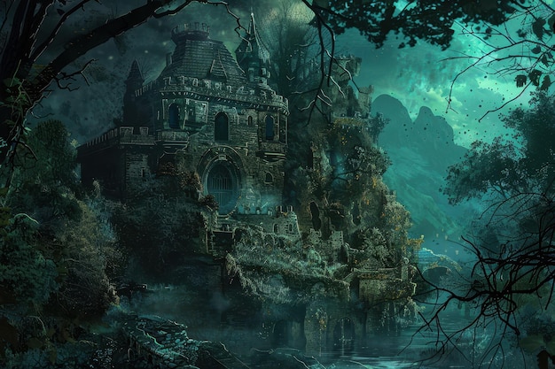mysterious castle shrouded in darkness and surrounded by eerie forest