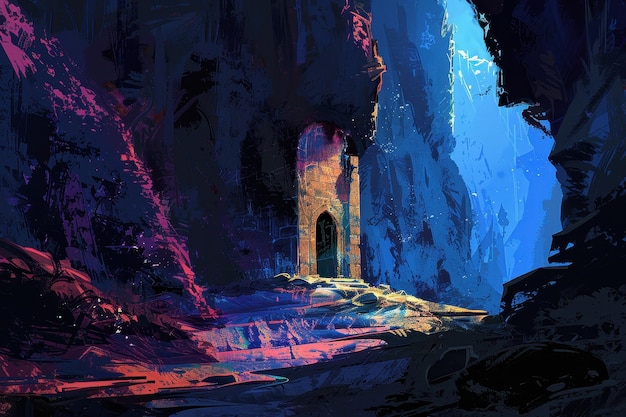 mysterious cavern entrance bathed in bioluminescent light