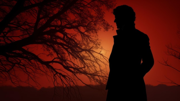 Foto il misterioso charles un'illustrazione oscuro-romantica sotto un tramonto rosso