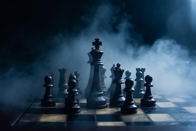 Chess figures on a dark background with smoke and fog. Epic chess