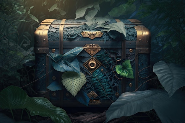 Mysterious chest in the jungle among leaves and stems of trees