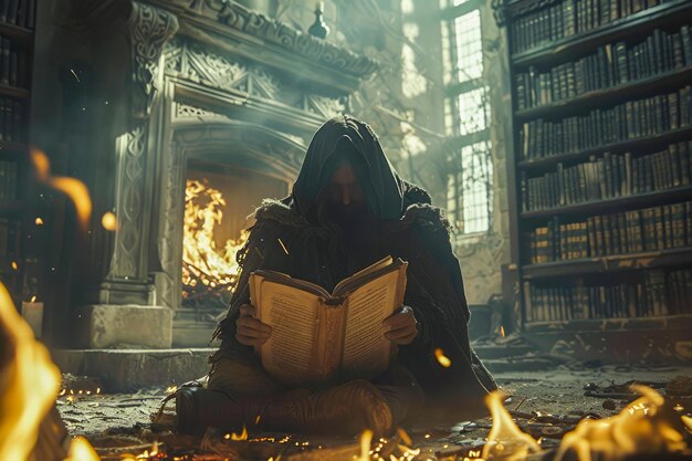 Фото Таинственная маскированная фигура читает древнюю книгу в пыльной заброшенной библиотеке с горящими огнями