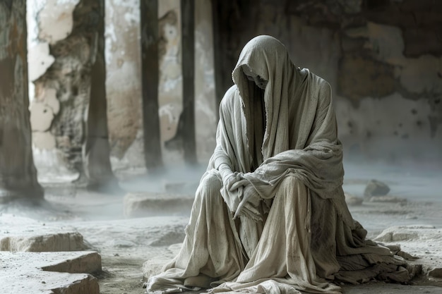 Mysterious Cloaked Figure Sitting Alone in an Ancient Ruined Building Evoking Solitude and