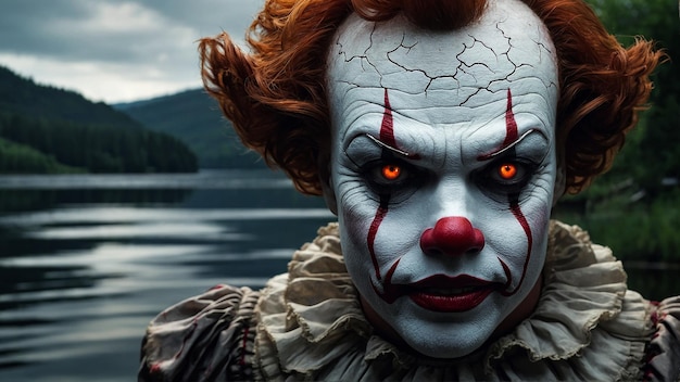 Foto un clown misterioso emerge dal lago nebbioso