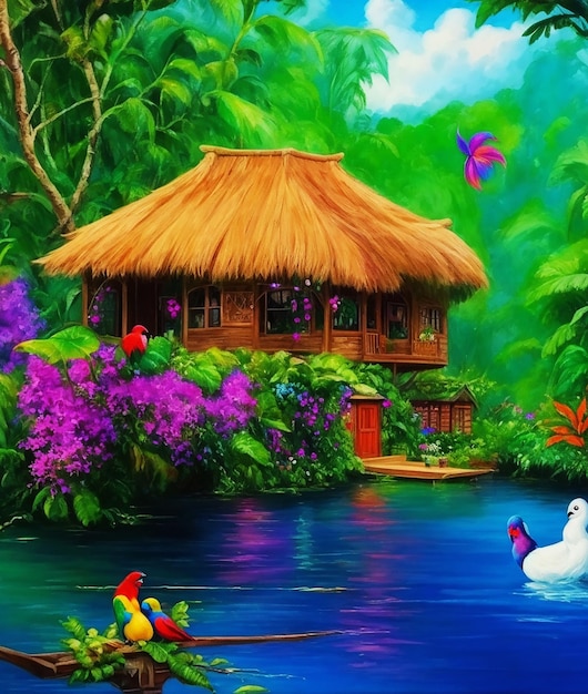 mysterious cottage birds of paradise flowers rainforest boat fluffy paint on paper HD acrylic image