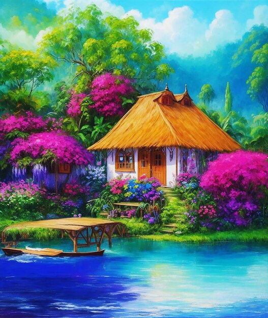 Mysterious cottage birds of paradise flowers rainforest boat fluffy paint on paper hd acrylic image