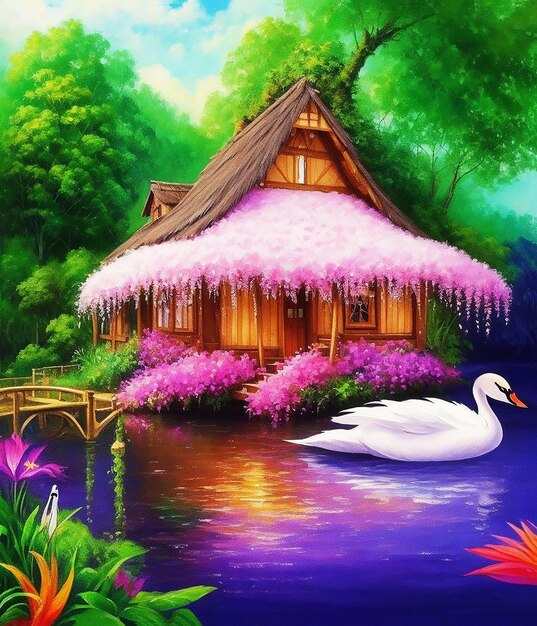 Mysterious cottage paradise flowers rainforest boat cute swan fluffy paint on paper hd acrylic image