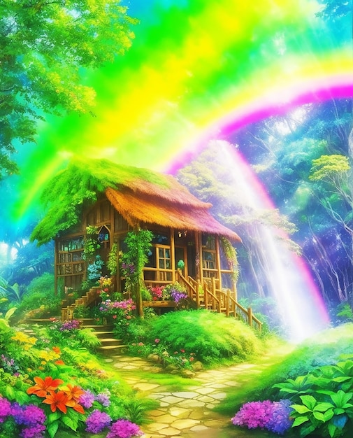 Mysterious cottage rainbow rainforest flowers fluffy clouds acrylic paint on paper hd acrylic image