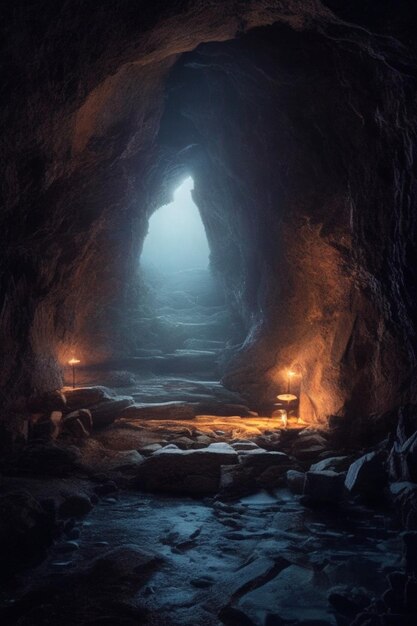 A mysterious dark cave with a glowing illuminated wall perfect for writing stories and secrets